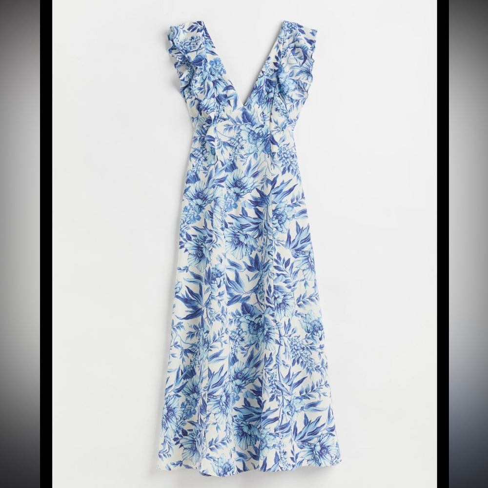 H&M Blue Floral Ruffled Linen Maxi Dress